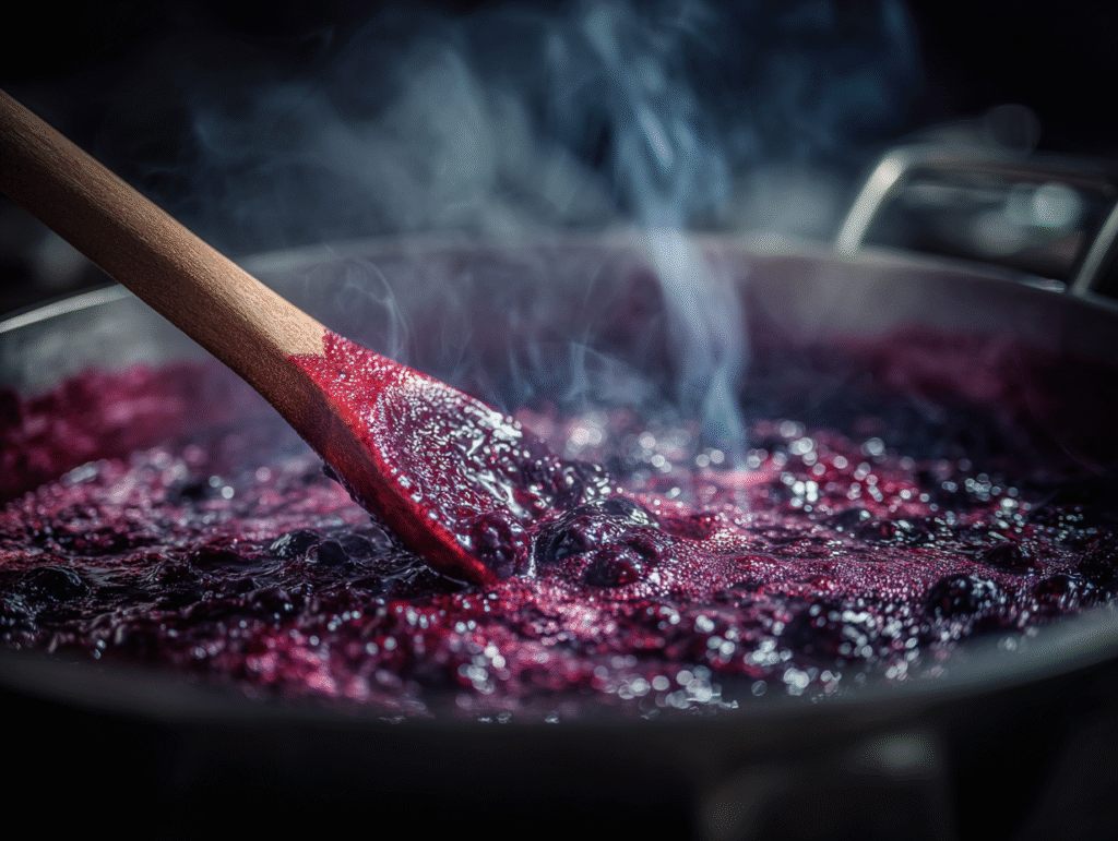 Blueberry compote cooking for swirl ice cream