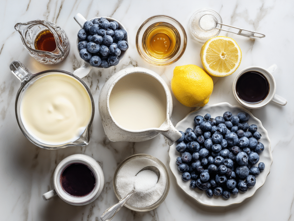 Ingredients for blueberry vanilla swirl ice cream