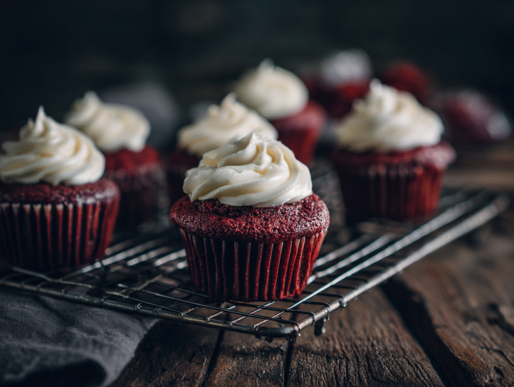 Red velvet cupcakes served on cake stand