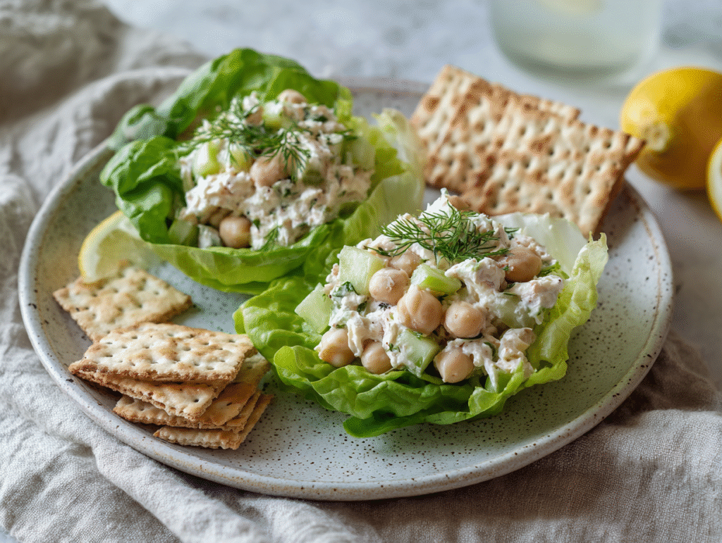 Cottage Cheese and Chickpea Salad served in lettuce wraps