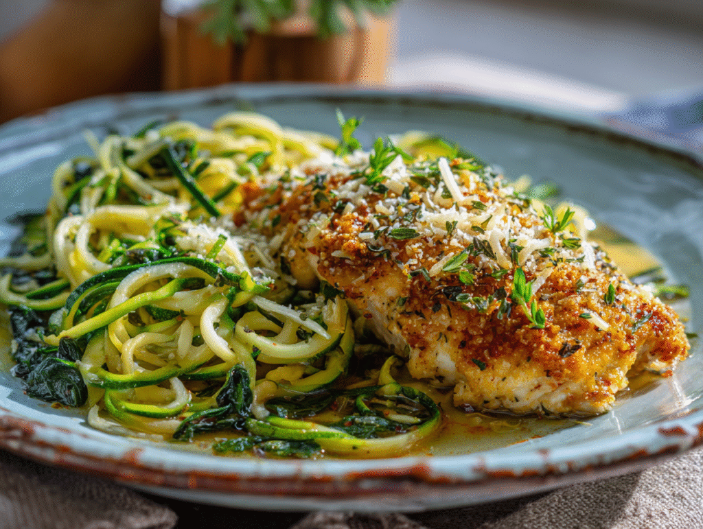 plated keto garlic parmesan chicken with zoodles