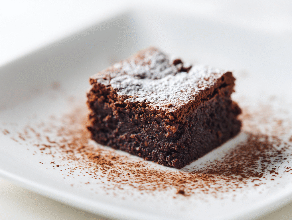 One sugar-free brownie on a white plate with garnish