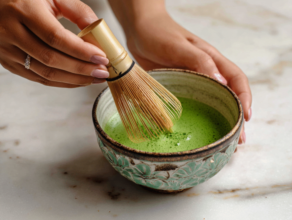 Whisking matcha for Japanese detox drink