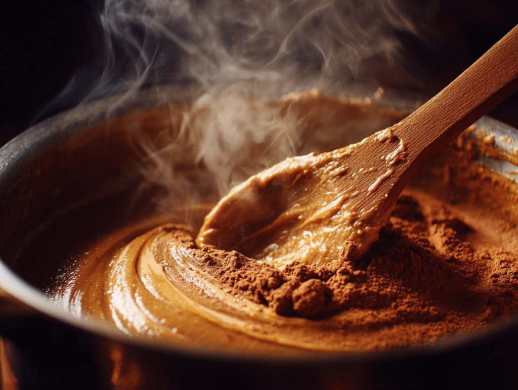 Stirring chocolate mixture for no bake cookies