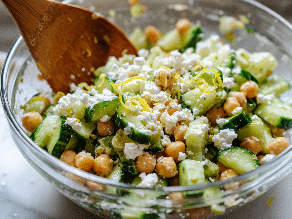 Mixing Cottage Cheese and Chickpea Salad