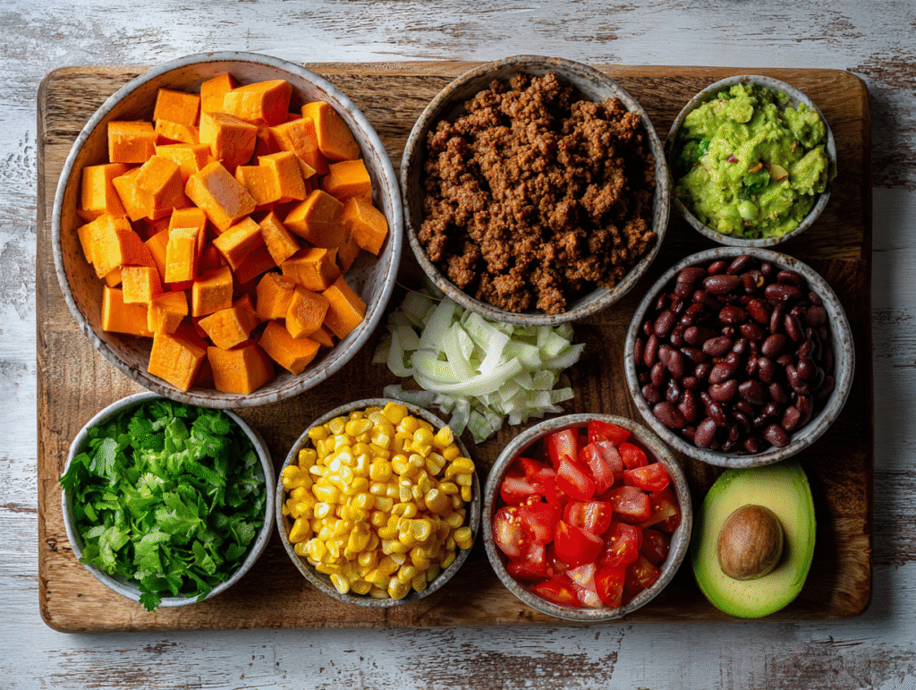 Ingredients for sweet potato taco bowl