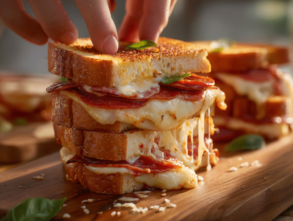 Layering cheese and pepperoni in sandwich