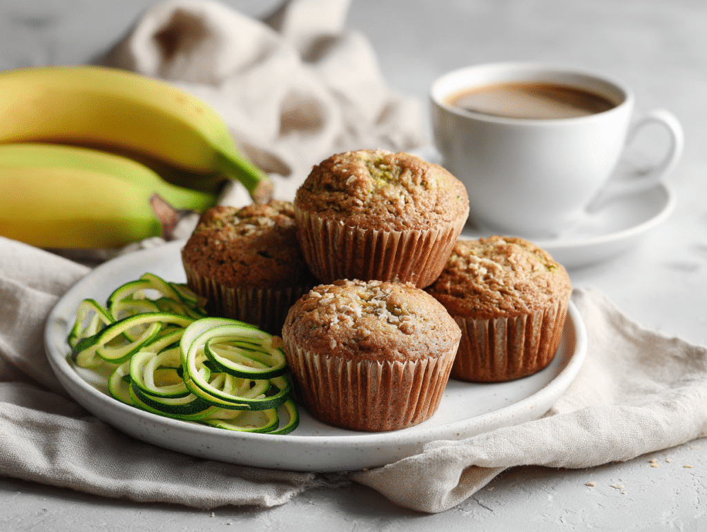 Banana zucchini muffins served with coffee