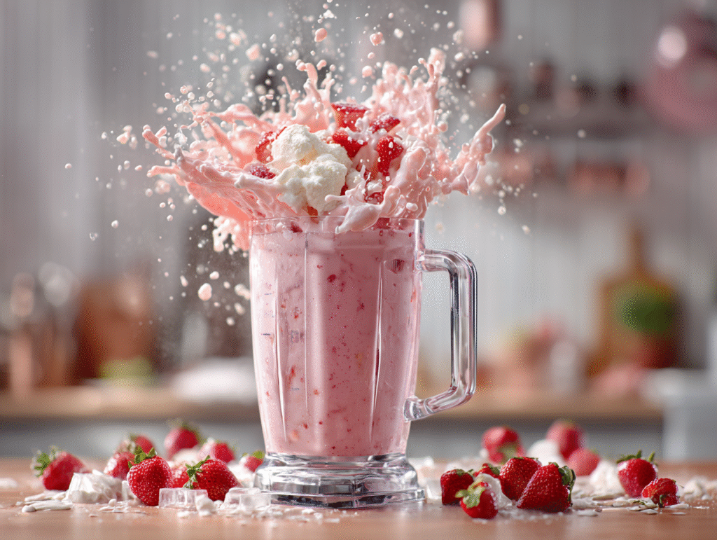 Blending strawberries and cream frappuccino