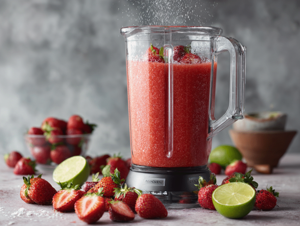 Strawberry puree in blender for sugar-free limeade