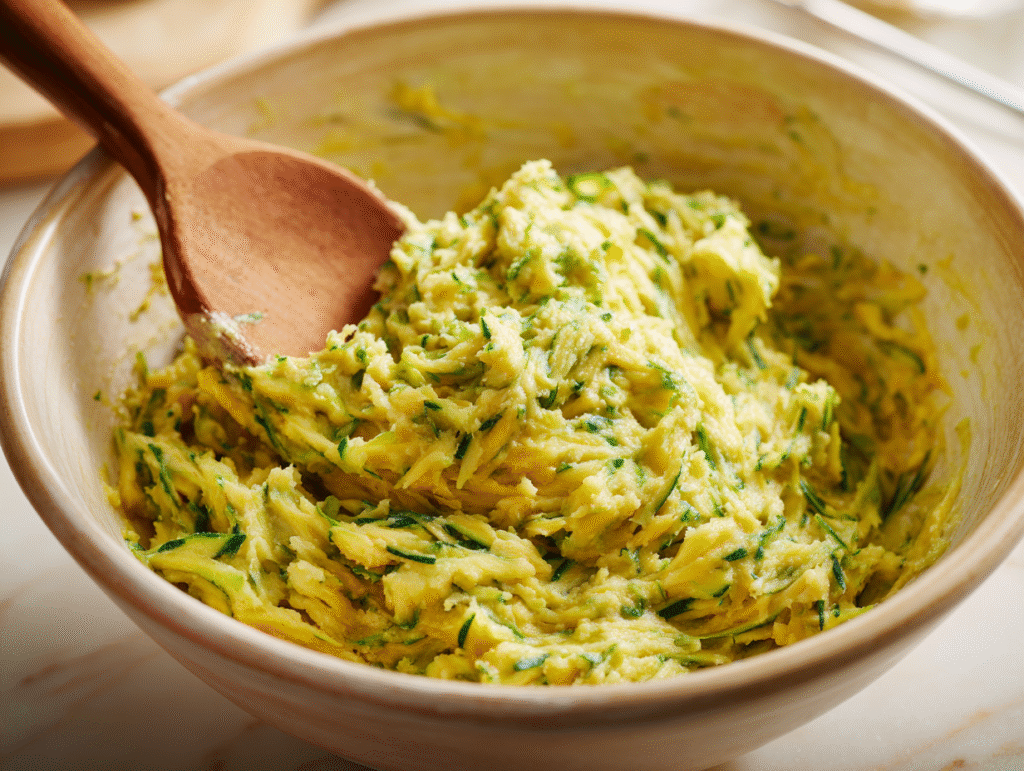 Mixing banana zucchini muffin batter