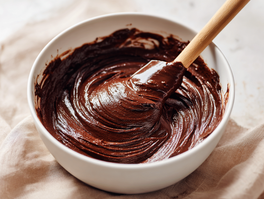 Mixing sugar-free brownie batter in a white bowl