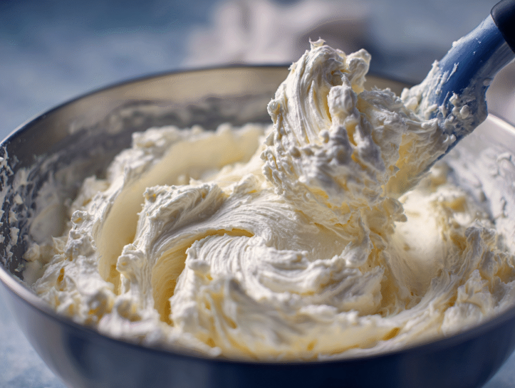Folding whipped cream into cheesecake filling