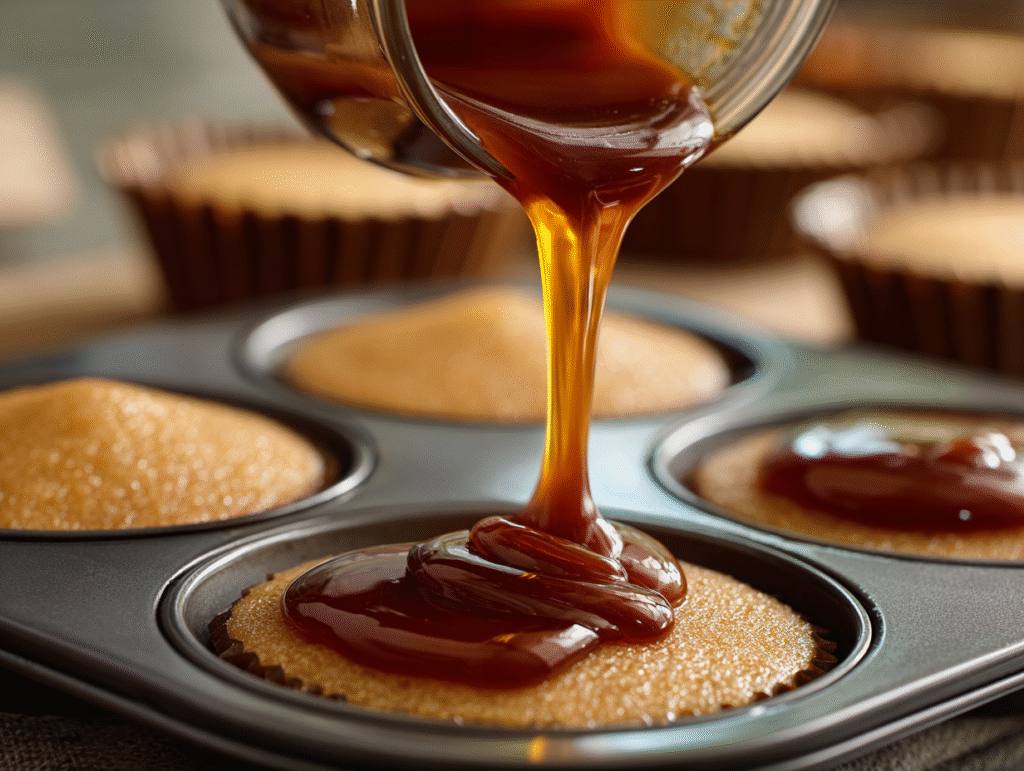 Velvety Caramel Flan Muffins – A Dreamy Twist on a Classic Dessert 8 Pouring caramel into muffin tray
