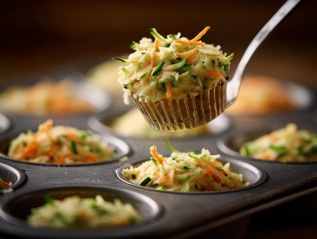Scooping zucchini carrot muffin batter