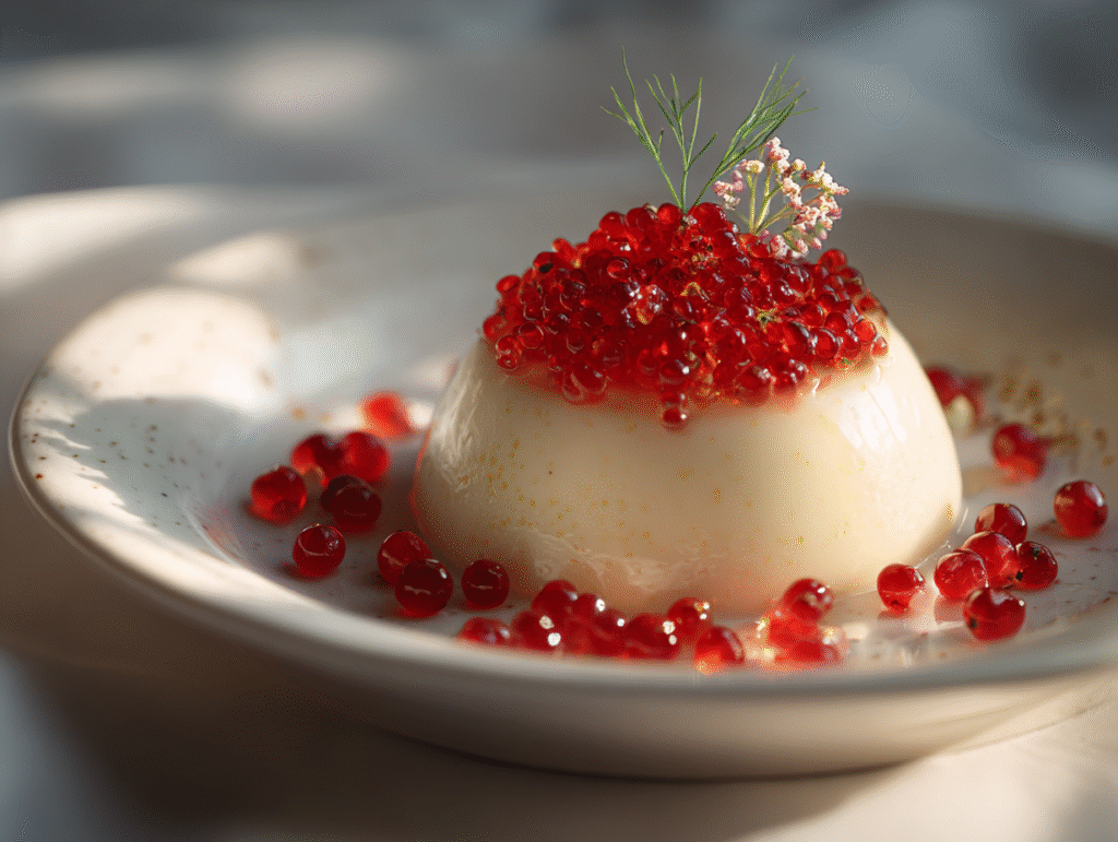 Dessert topped with zero carb fruit caviar