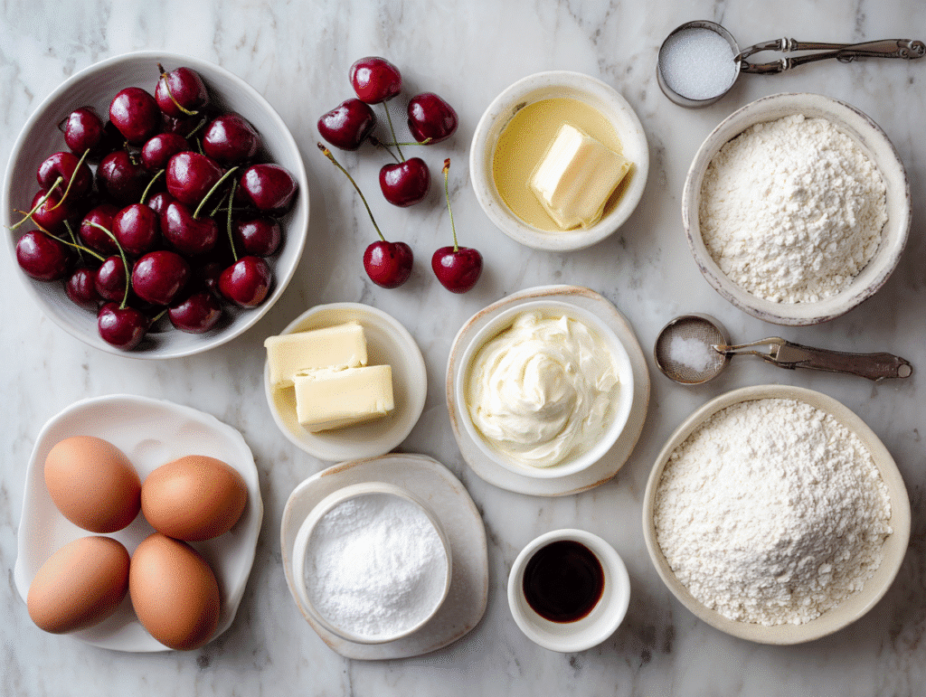 Cake with Cherries and Cream: A Dreamy, Fluffy Classic That Tastes Like Summer 6 Cherry cream cake ingredients laid out for Cake with Cherries and Cream