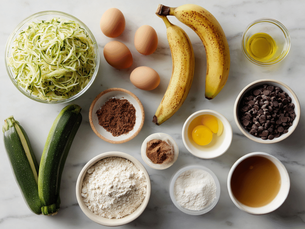Ingredients for chocolate chip zucchini banana bread