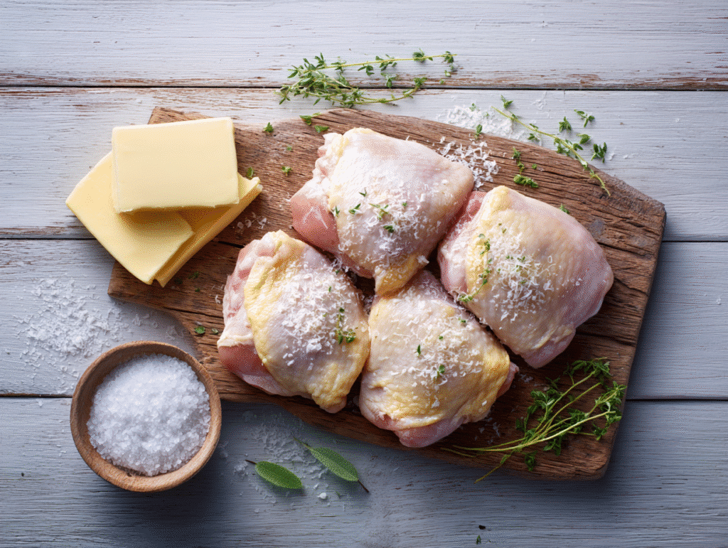 Carnivore keto chicken ingredients on wooden board