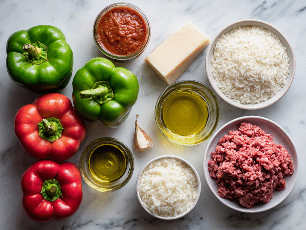 Ingredients for copycat Costco stuffed peppers on countertop