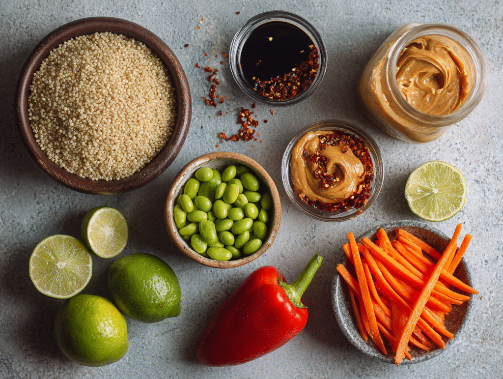 Thai quinoa salad ingredients on countertop