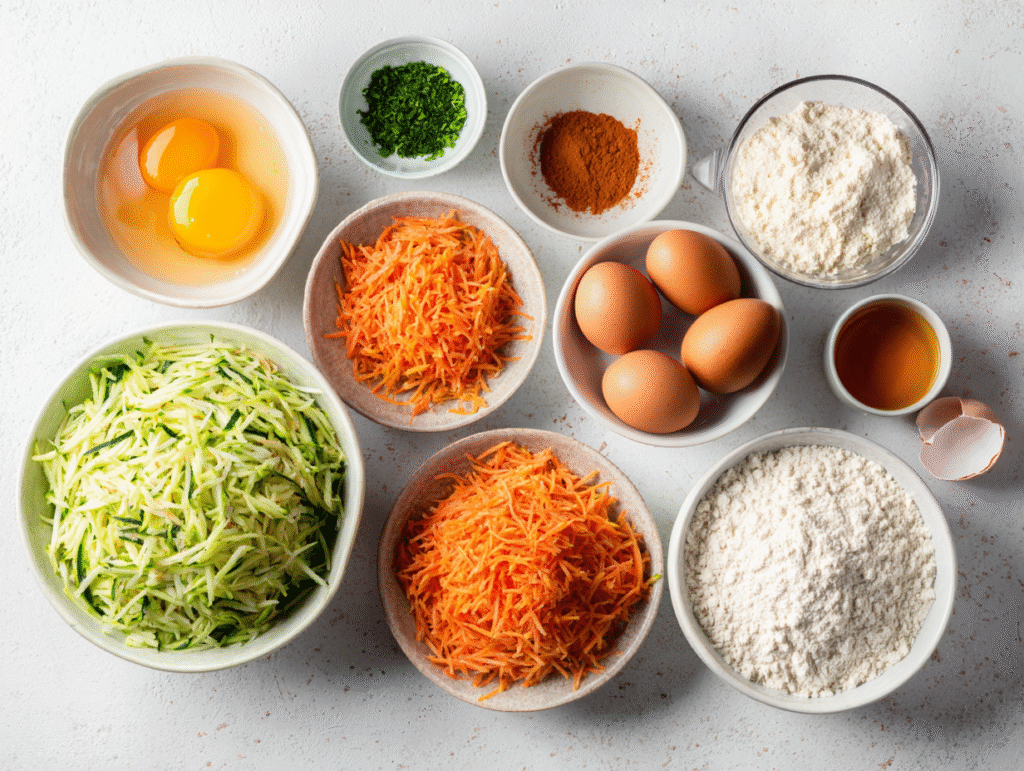 Zucchini carrot muffin ingredients laid out
