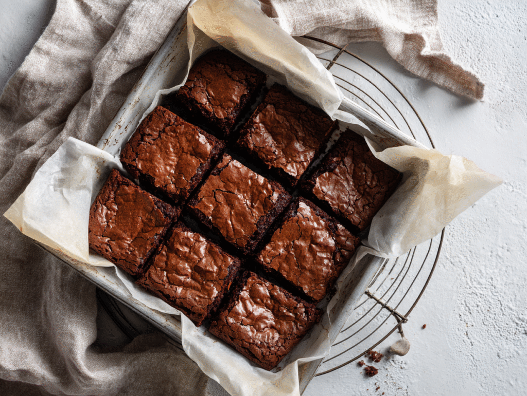 Freshly baked sugar-free brownies in a pan