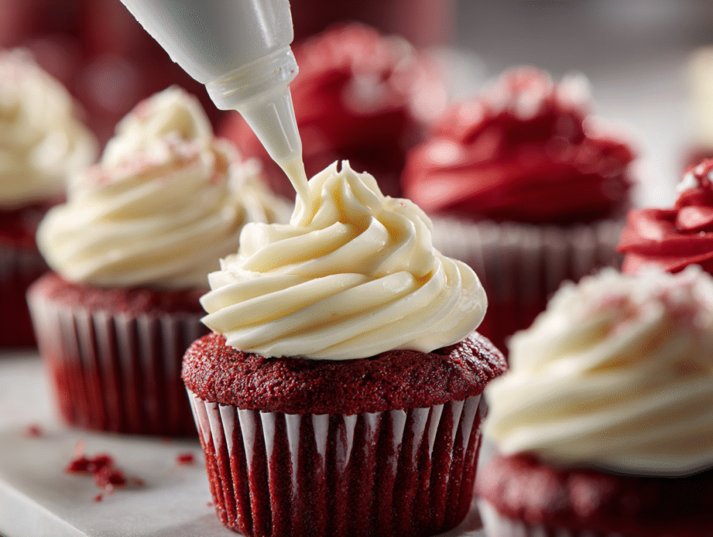 Cream cheese frosting on red velvet cupcakes