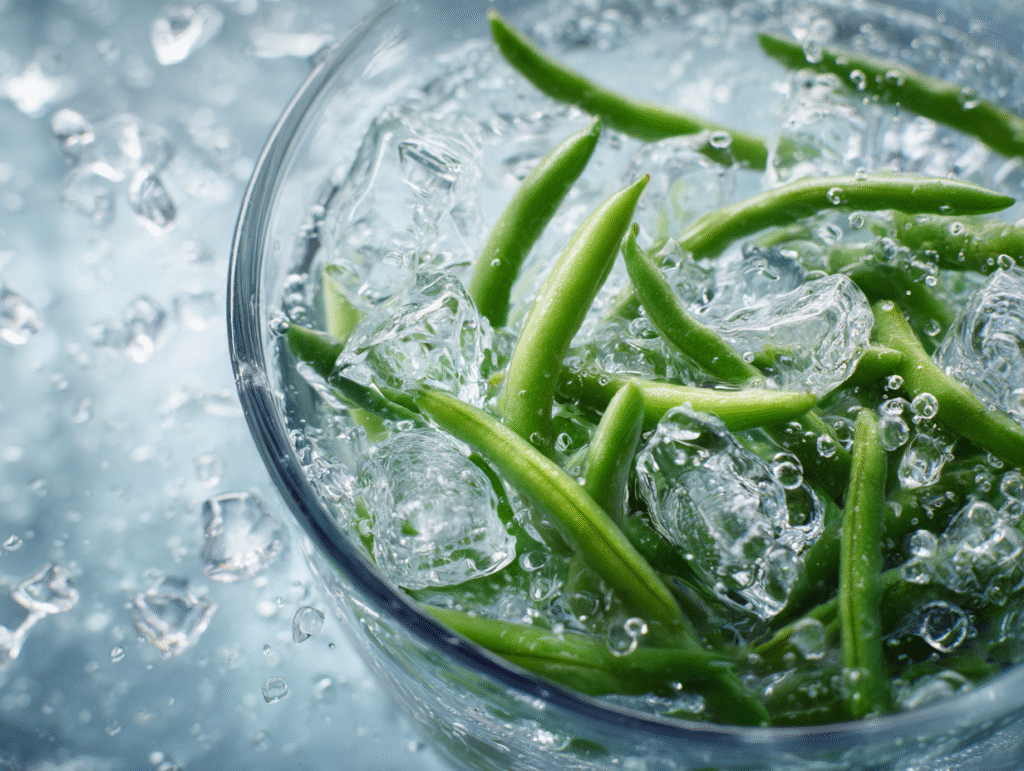 green beans cooling in ice bath
