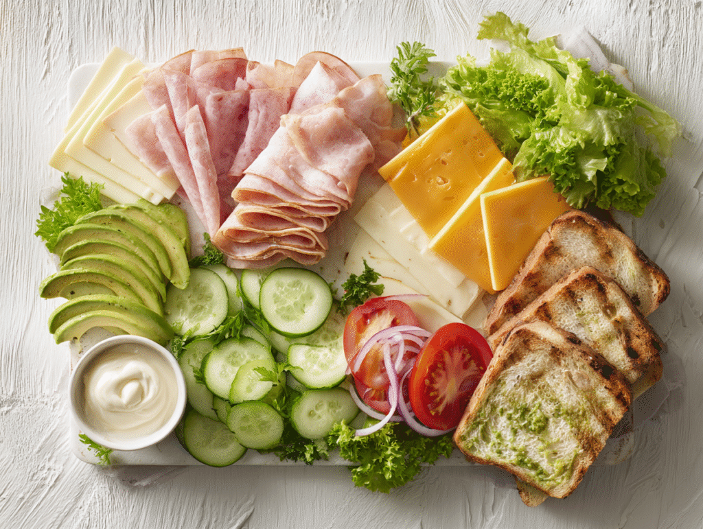 Ingredients for halal knob sandwich including deli meat, cheese, and vegetables