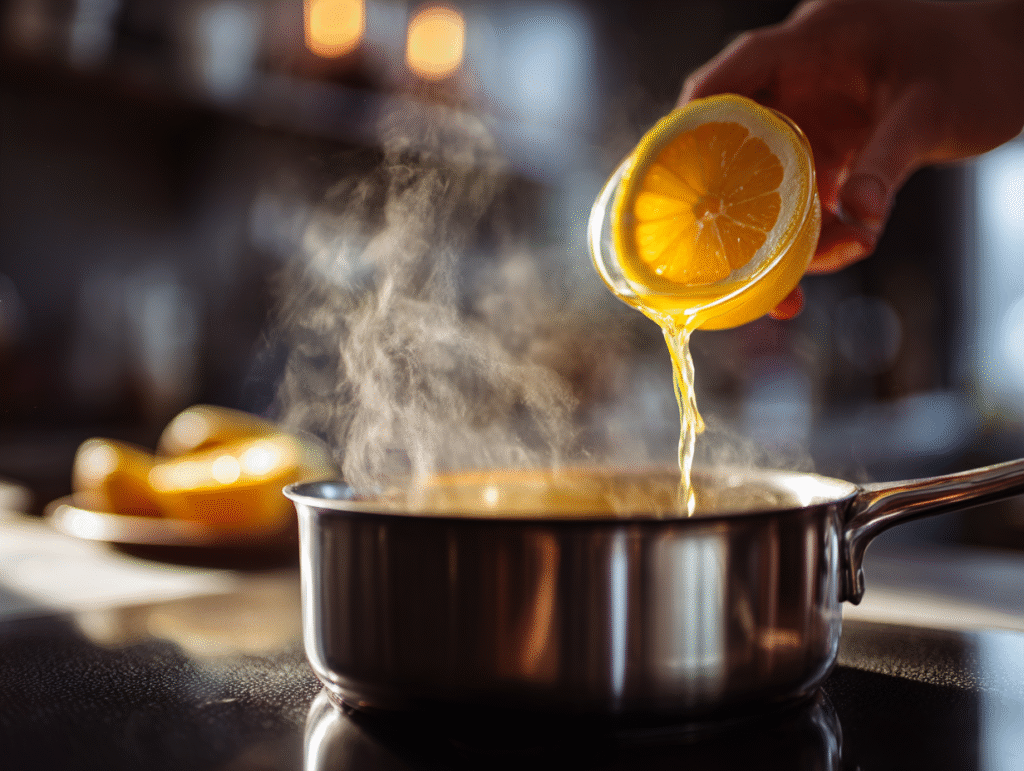 Lemon juice and sweetener being heated in saucepan