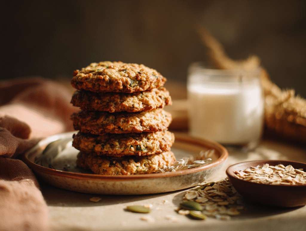 Healthy zucchini oatmeal cookies served with milk