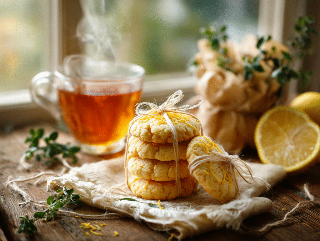 Serving low calorie lemon cookies with tea