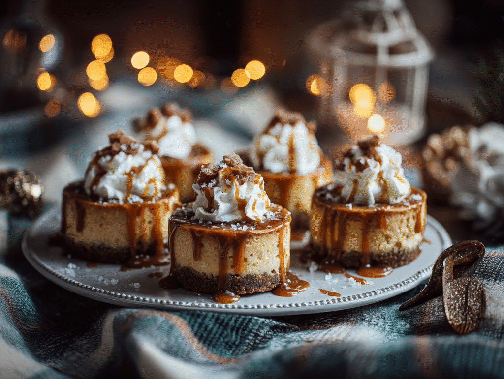 Mini Dulce de Leche Cheesecakes – Creamy, Irresistible, and Easy to Bake 8 Mini dulce de leche cheesecakes served with toppings