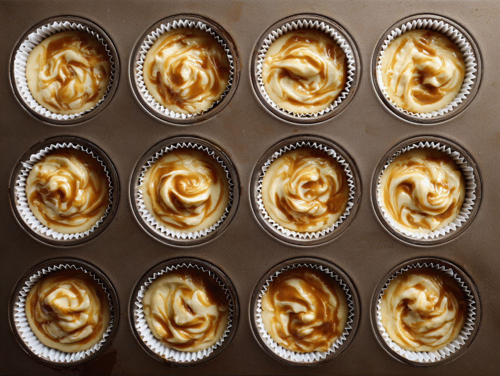 Mini Dulce de Leche Cheesecakes – Creamy, Irresistible, and Easy to Bake 7 Unbaked mini cheesecakes with dulce de leche swirl