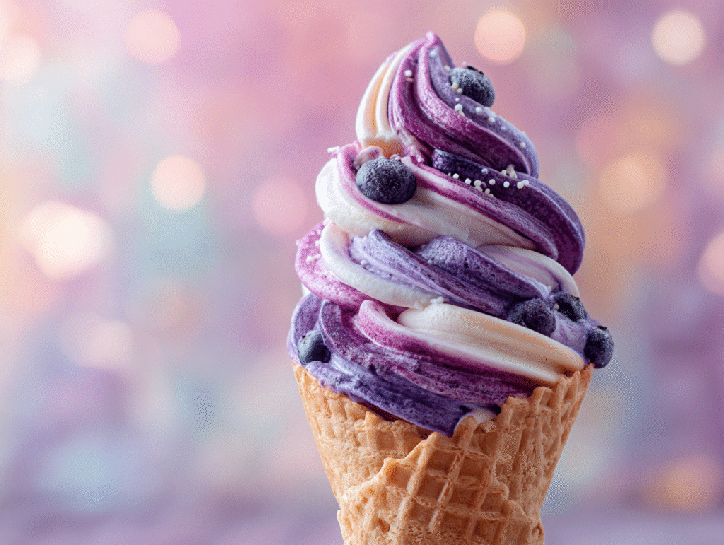 Scoop of blueberry vanilla swirl ice cream in cone