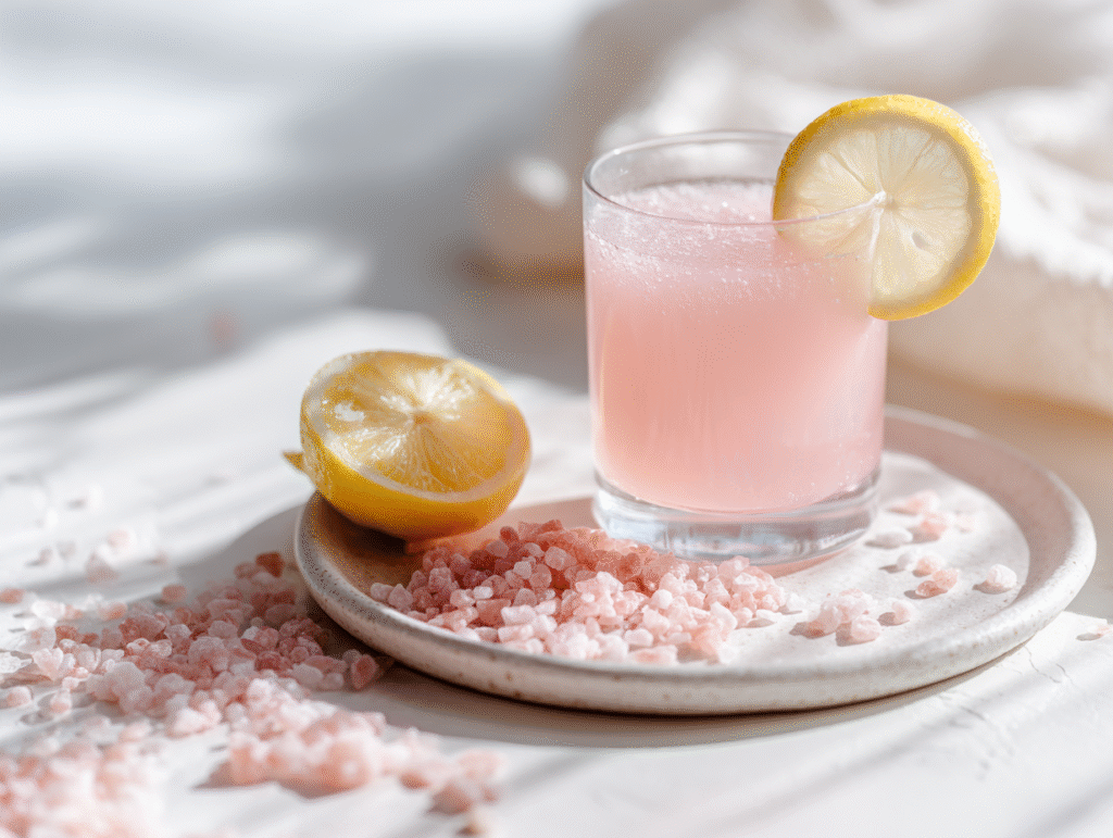 Finished pink salt detox drink in clear glass