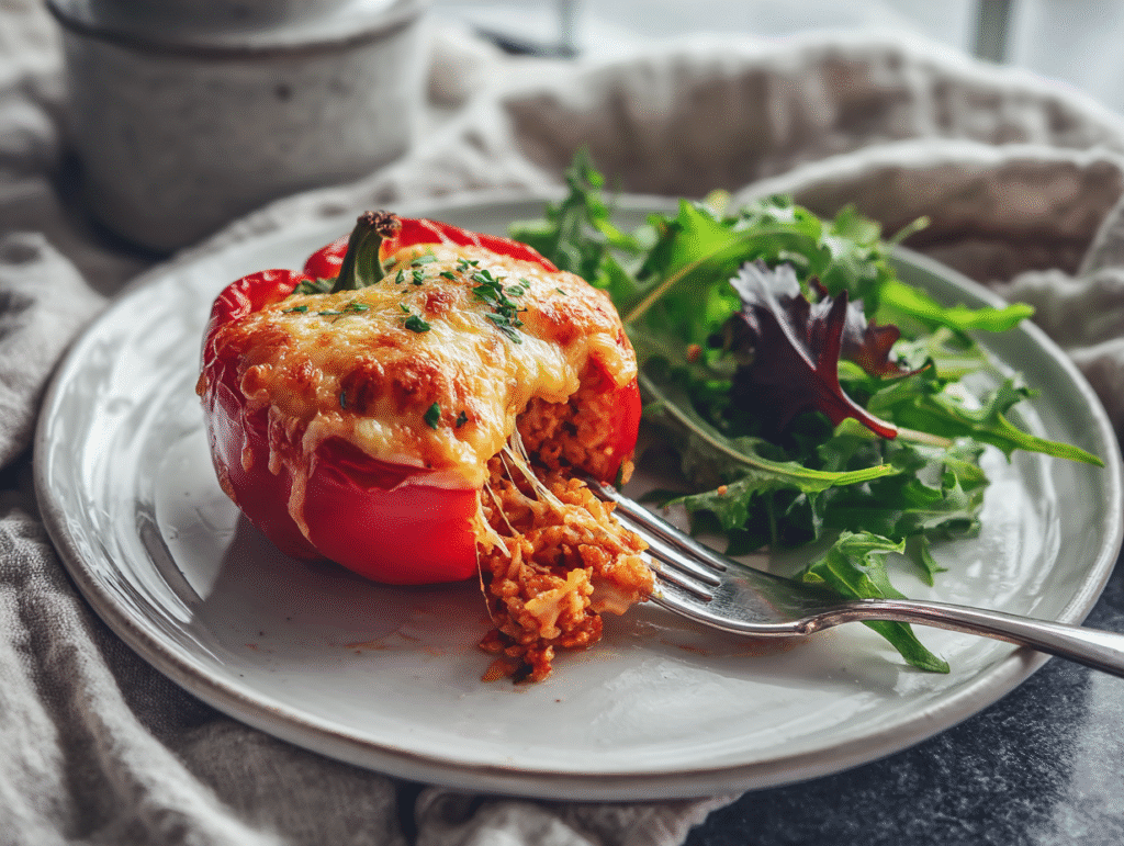 Served Costco stuffed pepper with salad on dinner plate