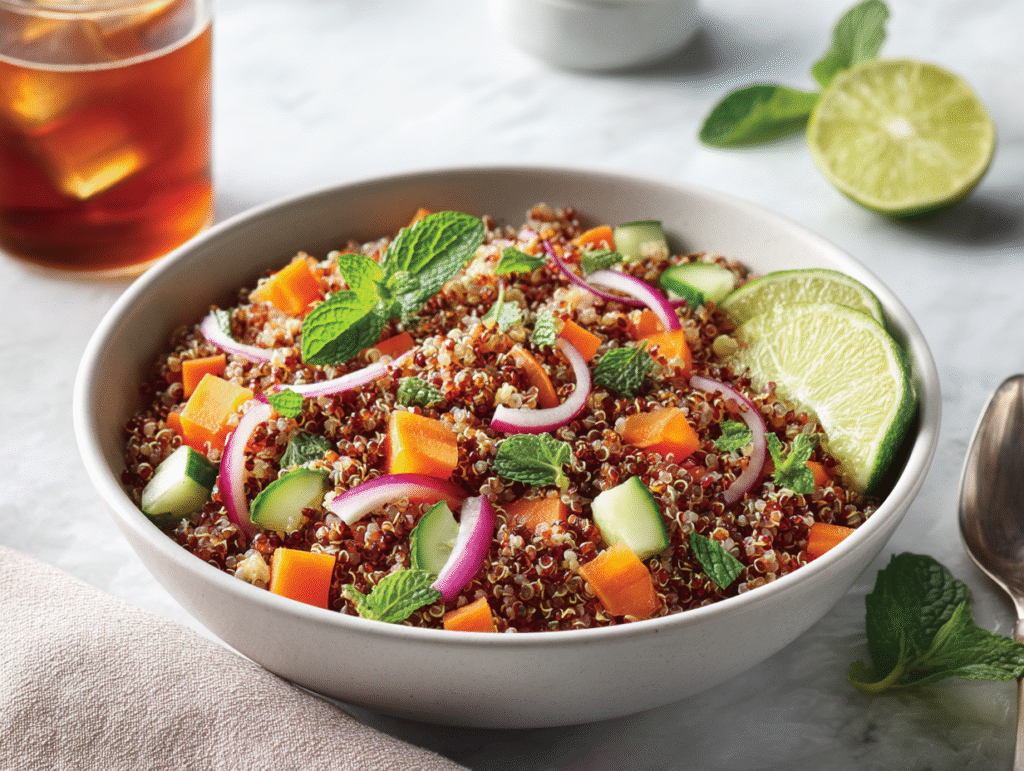 Bowl of Thai quinoa salad served with lime