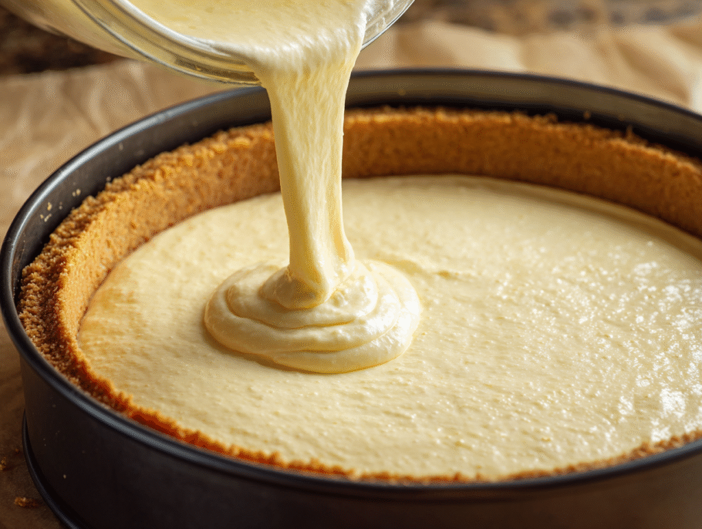 Banana Cream Cheesecake – The Ultimate Creamy Dessert You’ll Love 9 Pouring banana cheesecake filling into pan