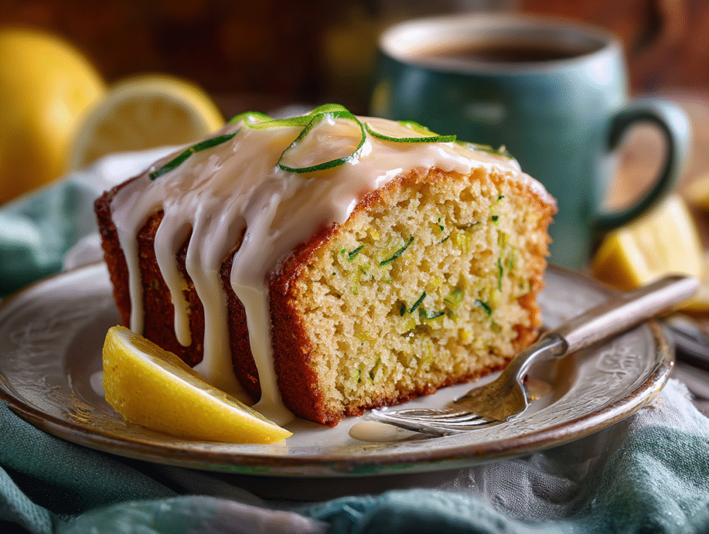Lemon Zucchini Bread That’s Moist, Bright & Perfectly Sweet 8 Plated lemon zucchini bread slice with glaze
