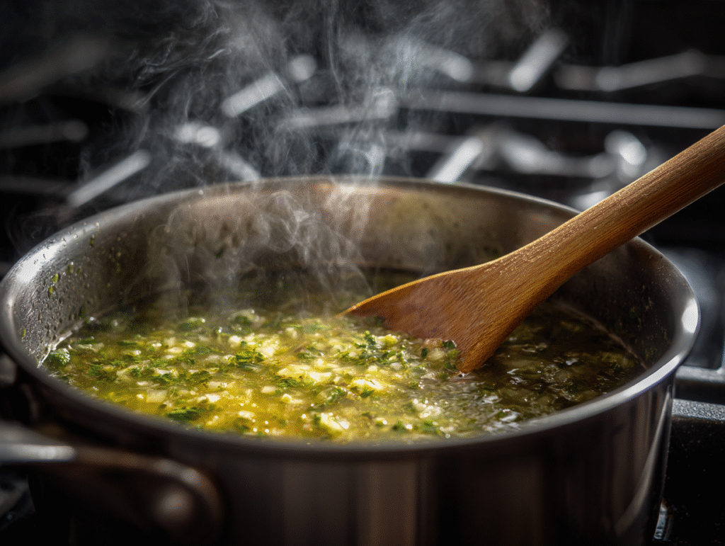 Hatch green chili sauce simmering in pot