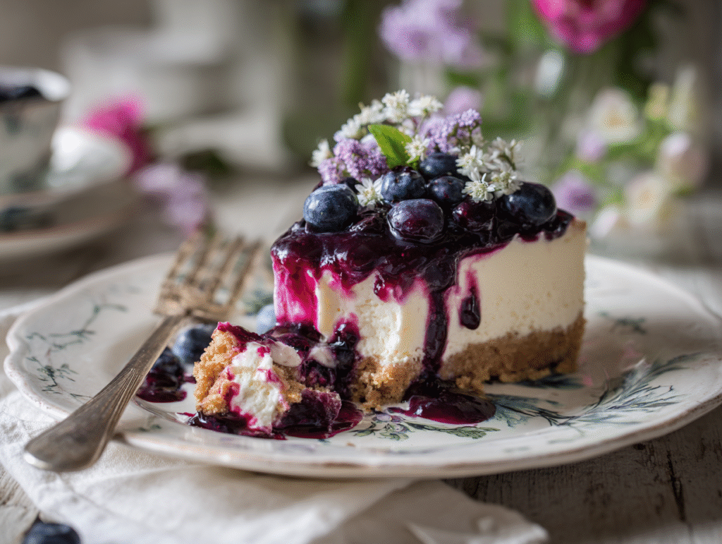 Slice of no bake huckleberry cheesecake