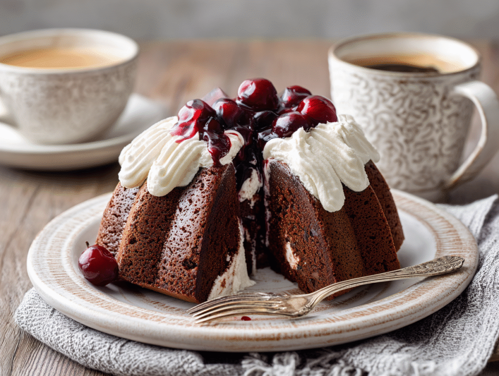 Slice of Black Forest Bundt Cake with cherry glaze and whipped cream