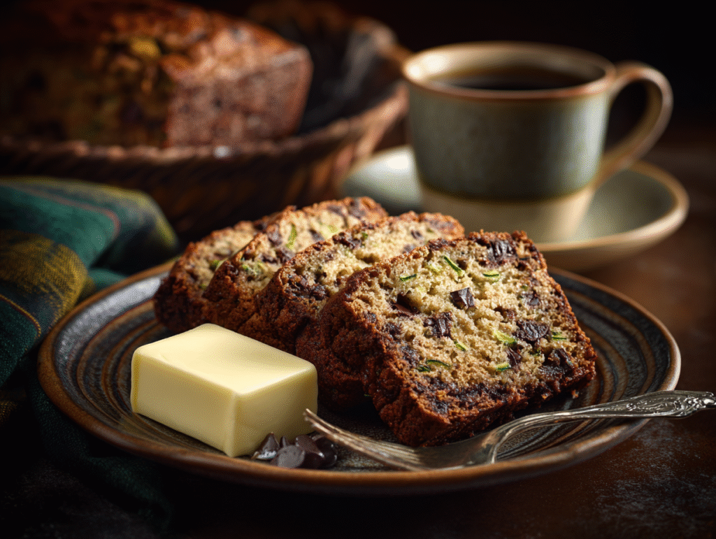 Served slice of chocolate chip zucchini banana bread with butter