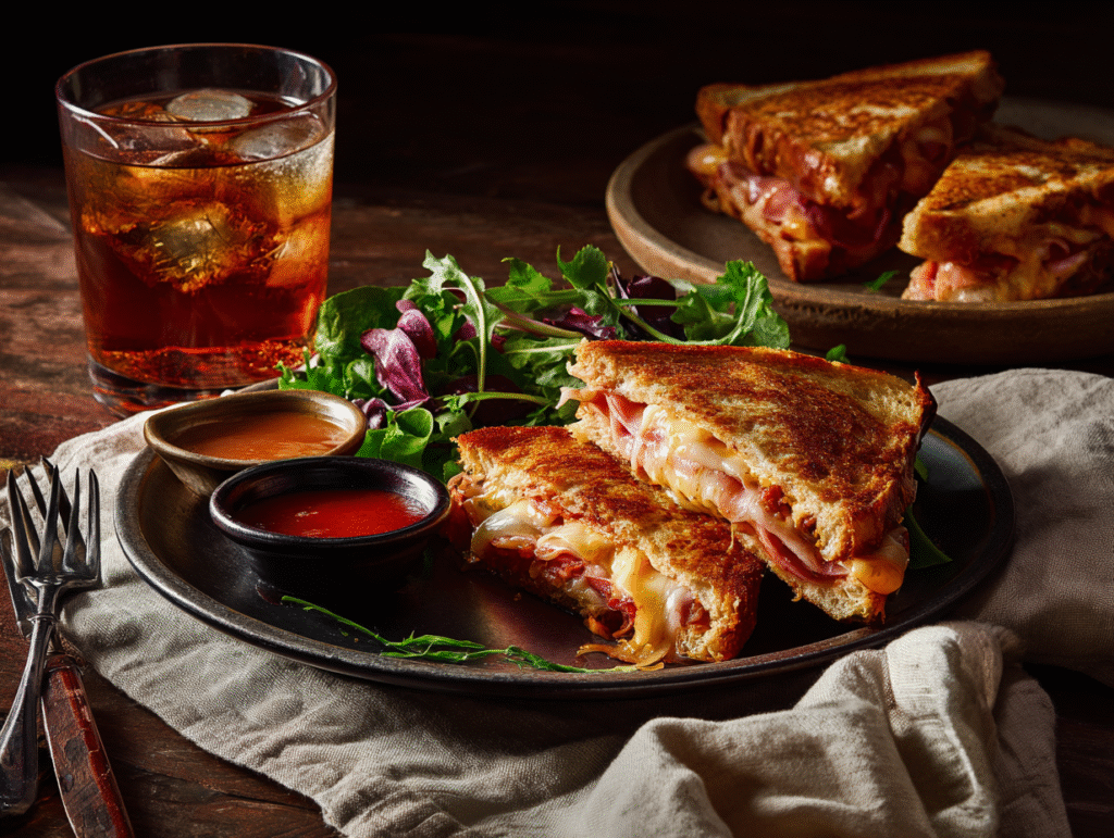 Pizza grilled cheese served with dipping sauce