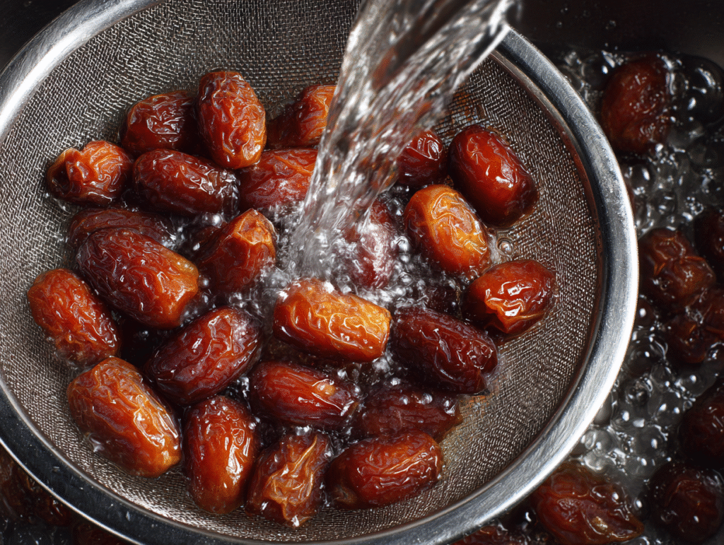 Softened dates in strainer