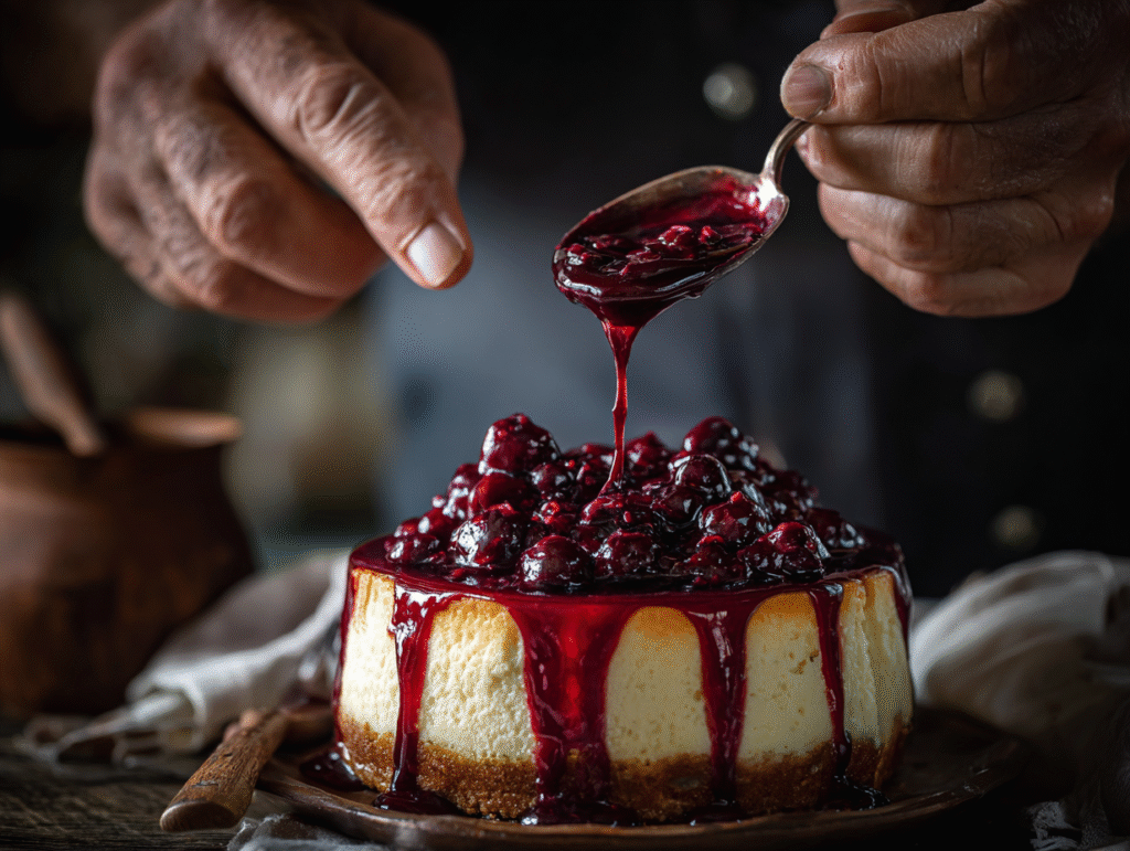 Drizzling huckleberry sauce on no bake cheesecake