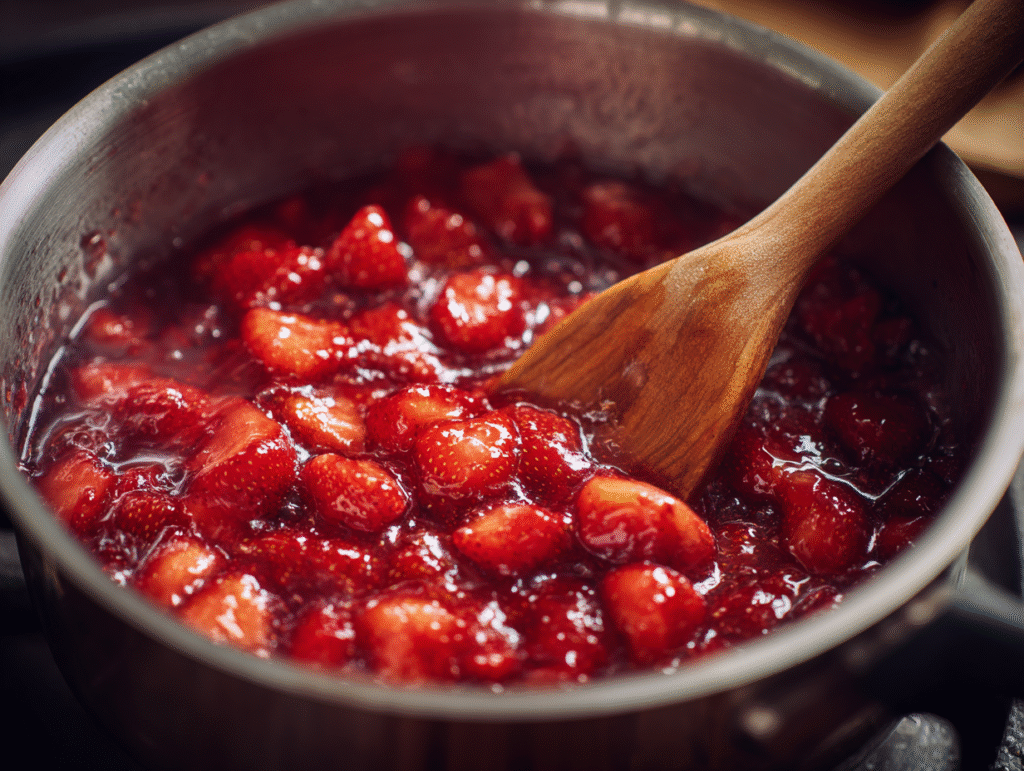 Strawberry filling cooking in saucepan for sugar free pie