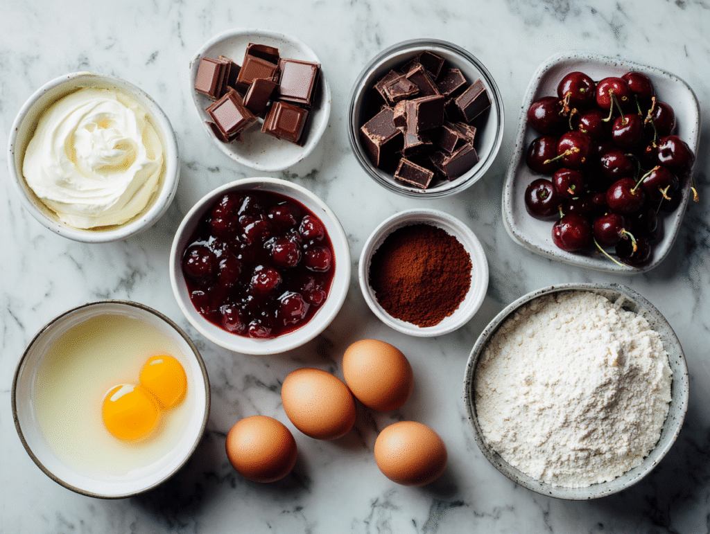 Ingredients for Black Forest Bundt Cake including sour cream, chocolate, and cherries